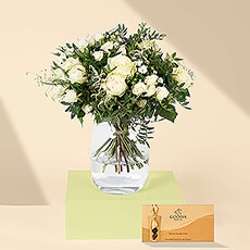 White Roses Bouquet & Godiva Chocolates