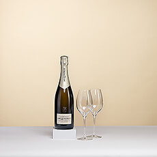 Une magnifique bouteille de Champagne Lenoble Blanc de Blancs présentée dans un luxueux coffret noir avec deux verres à l'effigie de la marque.