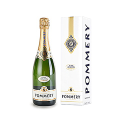 Luxueuze, frisse fles Pommery Brut Apanage Blanc de Blancs champagne, stijlvol verpakt in een klassieke gift box.