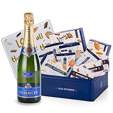 La boîte en métal de Jules Destrooper vous offre une bouteille de Pommery Brut Royal champagne et une sélection des meilleurs biscuits Jules Destrooper.