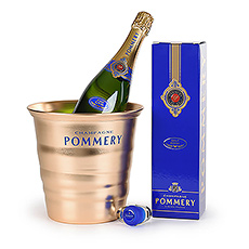 Een fles Pommery Brut Royal champagne, een flessenstop en ijsemmer van Pommery om te klinken op mooie momenten.