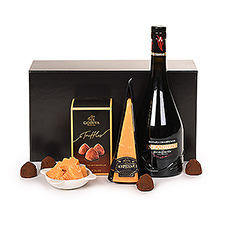 Een uniek champagne geschenk gecombineerd met gerijpte kaas, en Belgische chocolade-truffels is wat je vindt in deze luxe geschenkdoos.