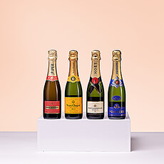 Deze luxe champagnedegustatie is een fantastisch cadeau om te geven of te krijgen. Vier flessen van 37,5 cl van de beste Franse champagnemerken worden elegant gepresenteerd in een stijlvolle geschenkdoos. Geniet van de feestelijke klassieke Champagnes van Veuve Clicquot, Moët & Chandon, Piper-Heidsieck en Pommery.