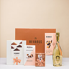 Een prachtig geschenk met luxueuze Belgische Neuhaus pralines en Bottega Zero alcoholvrije mousserende wijn.
