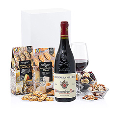 Ce cadeau élégant qui comprend du vin rouge et des amuse-gueules ne passera pas inaperçu ! La vedette du cadeau est sans doute le vin rouge Usseglio Châteauneuf-du-Pape.