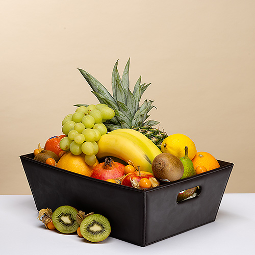 Fruits exotiques dans panier similicuir