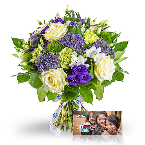 Plan International Blauw & Paars Boeket & Plan Gift Card Ontbijt voor Kleuters