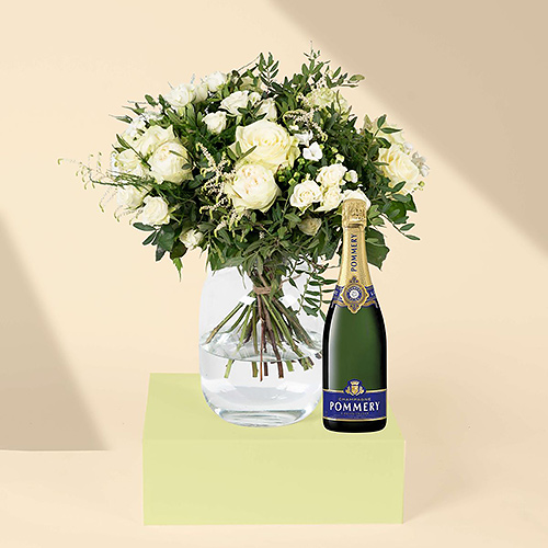White Roses Bouquet Medium + Pommery