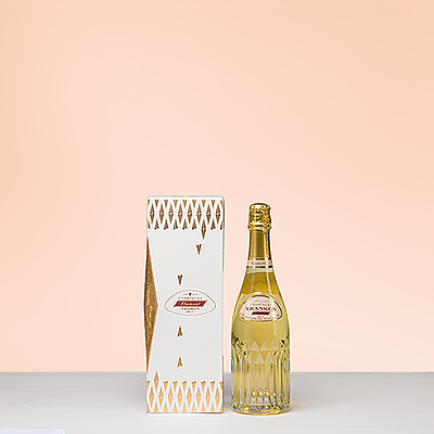 La bouteille de champagne est élégamment présentée dans un luxueux etui cadeau.