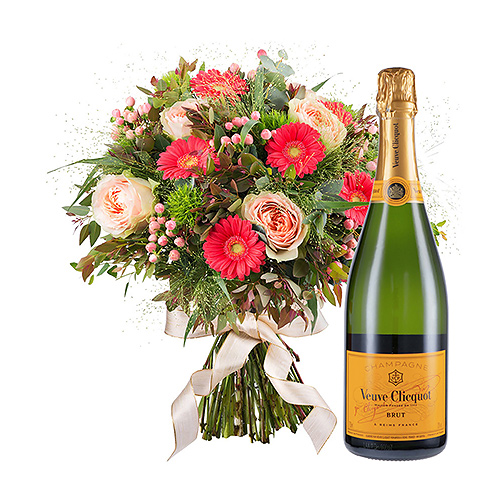 Boeket seizoensbloemen & champagne Veuve Clicquot Brut