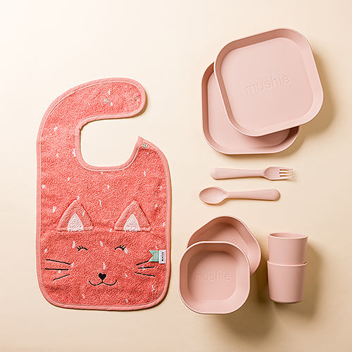 Mushie Set de Repas Blush & Bavoir Mr. Chat