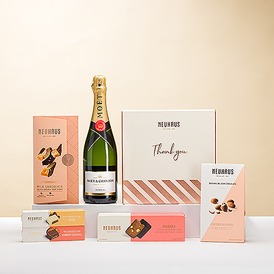 Rien de tel pour dire &#34;Merci&#34; qu&#39;une magnifique collection de chocolats belges de Neuhaus et Godiva, accompagnée du champagne festif Moët & Chandon.