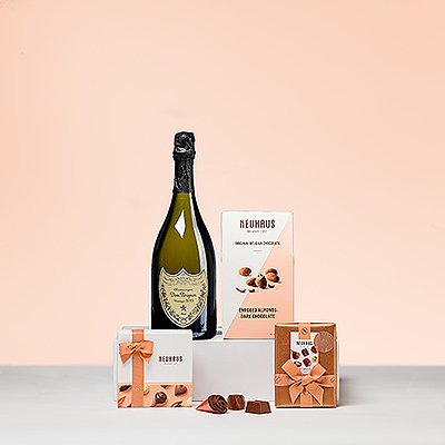 Surprenez et impressionnez avec cette combinaison de champagne Dom Pérignon et de luxueux chocolat belge Neuhaus.