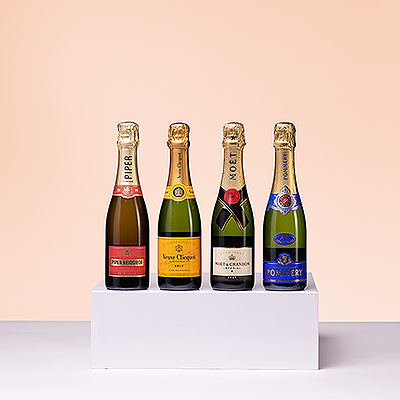 Cette dégustation de champagne de luxe est un cadeau fantastique à offrir ou à recevoir. Quatre bouteilles de 37,5 cl des meilleures marques de champagne français sont présentées dans un élégant coffret cadeau. Savourez les champagnes classiques de Veuve Clicquot, Moët & Chandon, Piper-Heidsieck et Pommery.
