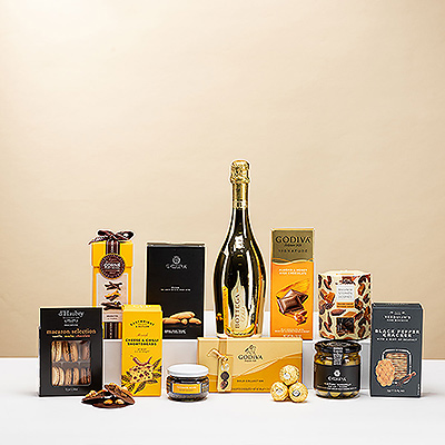 Ce cadeau est l'exemple même du premium et de l'exclusivité, avec la combinaison ultime de la qualité supérieure et des marques les plus connues, le tout couronné par une magnifique bouteille dorée de Bottega Prosecco Spumante.