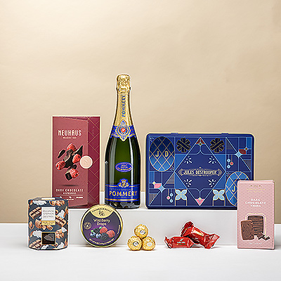Geniet van een luxe geschenk met gourmet chocolade, koekjes en Pommery Brut Royal Champagne. Perfect om te delen of te geven tijdens speciale gelegenheden.