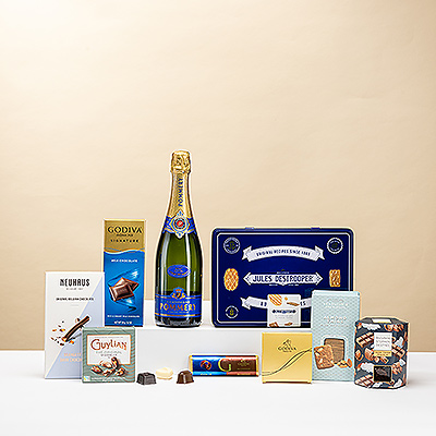 Dit is het geschenk waar je naar op zoek was! De ultieme collectie gourmetpralines en zoetigheden is gecombineerd met de klassieke smaak van Pommery Brut Royal Franse champagne.