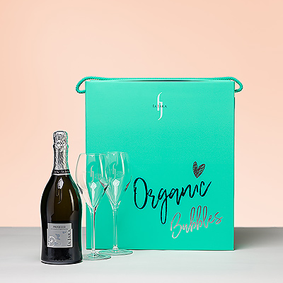 Envoyez votre affection avec ce charmant cadeau La Jara organic Prosecco Brut, accompagné d'une paire de verres.