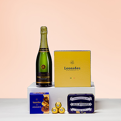 Il n'y a pas de meilleur remontant que la délicieuse combinaison d'un vin pétillant et de douceurs belges. Donnez un coup de pouce à la journée de quelqu'un avec ce cadeau festif composé de Cava, de chocolats et de biscuits.