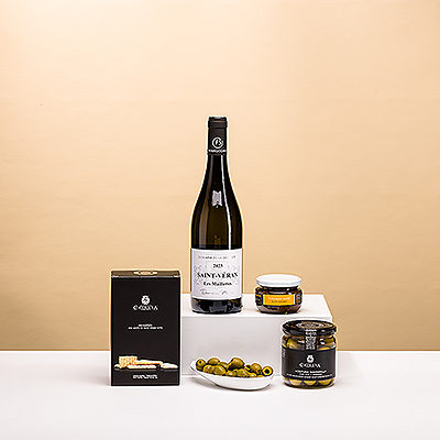 Appréciez la combinaison fraîche et rafraîchissante d'un vin blanc de Saint-Véran avec des amuse-gueules européens. Ce cadeau est un choix facile si vous cherchez quelque chose pour votre famille, vos amis ou vos collègues.