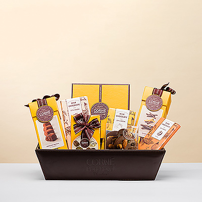 Découvrez le cadeau ultime pour les amateurs de chocolat : un magnifique panier rempli de délices au chocolat belge de Corné Port-Royal.