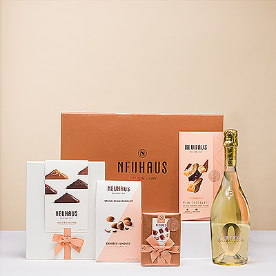 Un magnifique cadeau composé de luxueux chocolats belges Neuhaus et du vin mousseux sans alcool Bottega Zero.