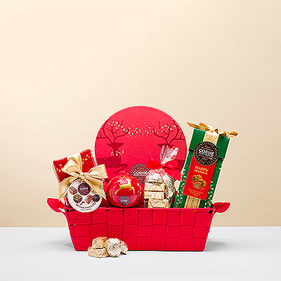 Rien ne dit mieux Joyeux Noël que le chocolat belge ! Offrez à un être cher une irrésistible collection de chocolats de Noël Corné Port-Royal dans un panier cadeau rouge festif.
