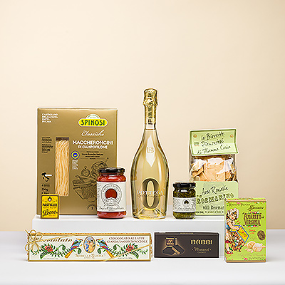 Ce coffret gastronomique italien avec vin mousseux sans alcool est le cadeau idéal pour les gourmets. Il offre un assortiment appétissant des meilleures spécialités italiennes salées et sucrées.