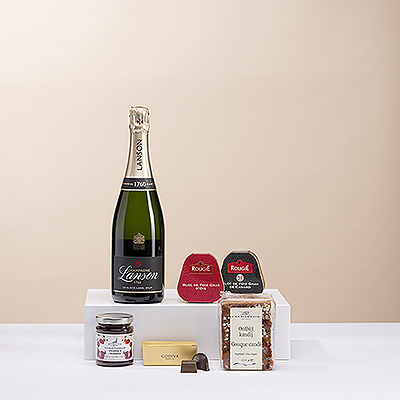 L'élégance exquise du Champagne Lanson, du foie gras français et des chocolats belges Godiva sont mis en valeur dans ce somptueux coffret cadeau. Lorsque seul le meilleur est acceptable, laissez-vous tenter par cette déclaration exclusive de goût et de style.