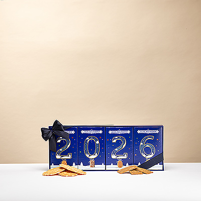 Célébrez 2026 avec le Coffret Jules Destrooper: biscuits aux amandes, gaufres au beurre, gaufres parisiennes et speculoos au chocolat au lait. L6authenticité belge.