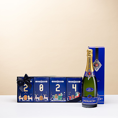 Souhaiter une bonne et délicieuse année avec l'élégant champagne Pommery et un coffret cadeau Jules Destrooper 2024 en édition limitée!