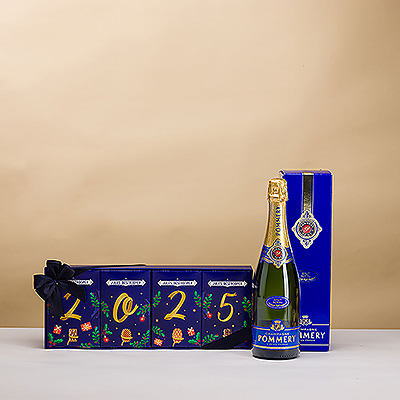 Souhaiter une bonne et délicieuse année avec l'élégant champagne Pommery et un coffret cadeau Jules Destrooper 2024 en édition limitée!