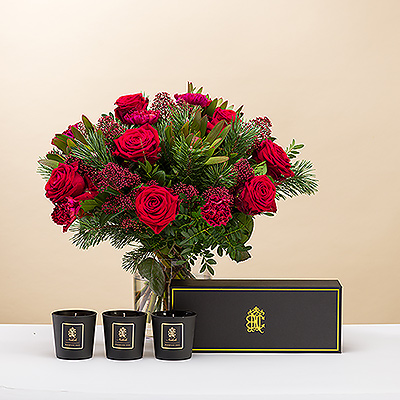 Merry Christmas Large Bouquet and Le Parfum de Nathalie , Luxury Gift Box Candle Triplet