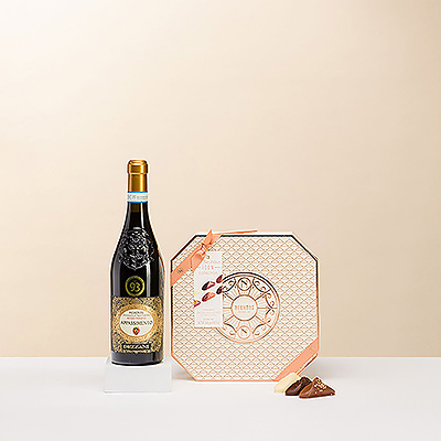 Un cadeau élégant et indispensable pour ceux qui aiment le meilleur chocolat belge et le vin rouge.