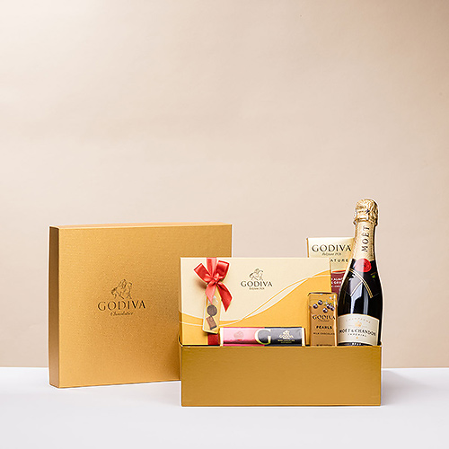 Coffret cadeau Godiva en or avec Champagne Moët & Chandon