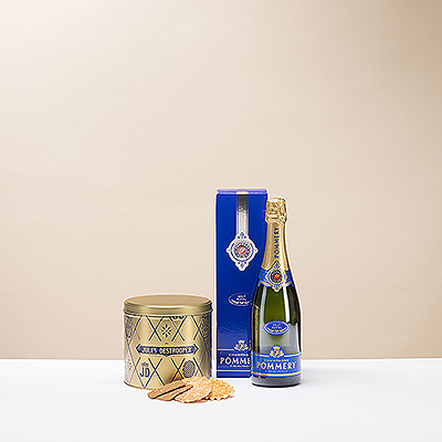 Voici une excellente idée de cadeau pour toute occasion : une belle bouteille de champagne Pommery présentée dans une boîte cadeau dorée contenant de délicieux biscuits Jules Destrooper.