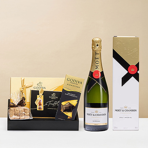 Godiva Plateau cadeau noir et or avec Moët