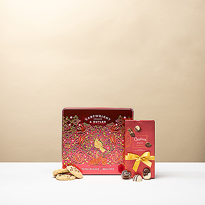 Fêtez Saint-Valentin avec le coffret Cartwright &#38; Butler 12 Days of Biscuits &#38; les pralines belges Guylian Opus. Un cadeau chocolaté raffiné et festif.