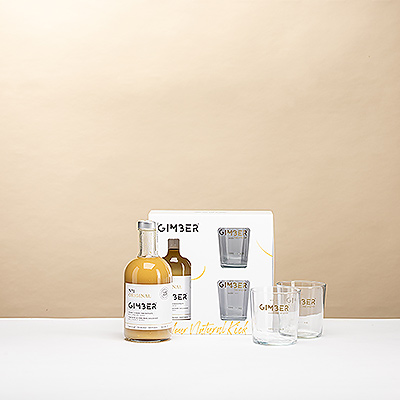 La GIMBER Gift Box comprend une bouteille de GIMBER N°1 Original et deux élégants verres GIMBER . Un cadeau sans alcool raffiné, idéal pour mocktails et moments gourmands.