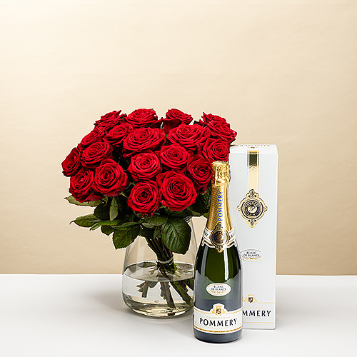 Roses rouges avec Pommery Champagne