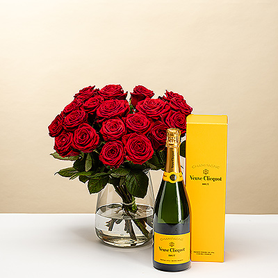 Roses rouges et champagne Veuve Clicquot
