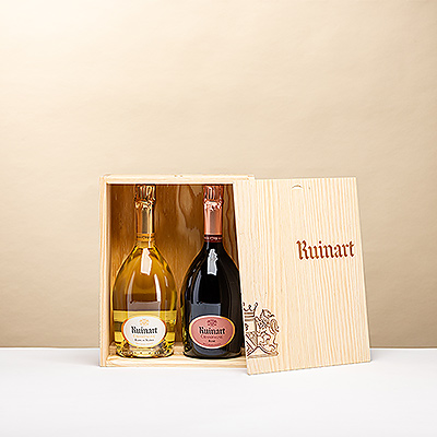 Le Duo Ruinart Blanc de Blancs & Rosé en coffret bois réunit deux cuvées emblématiques : la pureté du Chardonnay et l6élégance d6un rosé raffiné. Un cadeau d6exception pour amateurs de grands champagnes.