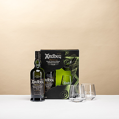 Coffret premium avec Ardbeg 10Y et deux verres élégants. Fumé, puissant et raffiné 5 idéal pour les amateurs de whisky d5Islay.