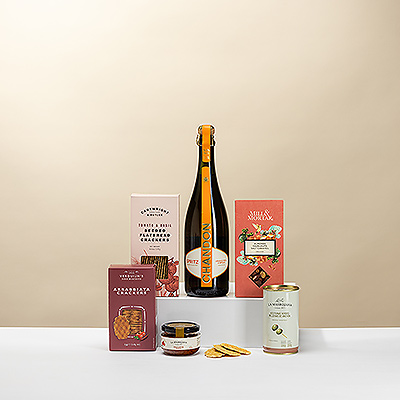 Profitez de ce coffret cadeau avec Chandon Spritz et ses délicieuses gourmandises comme crackers, olives et noix. Parfait comme élégant cadeau apéritif pour chaque moment festif.