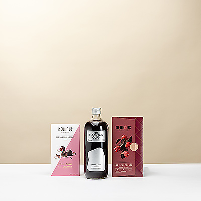 Profitez du Neuhaus & Mocktail Delight avec son raffinée chocolat belge et son fruité mocktail Berry Bash . Un original cadeau sans alcool pour chaque moment convivial.