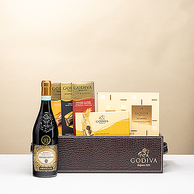 Coffret Godiva de chocolats belges & vin rouge Dezzani Appassimento. Cadeau idéal pour entreprises, famille et amis.