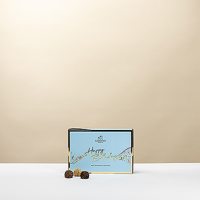 Surprenez avec les festifs Godiva Happy Birthday Truffles contenant 15 délicieuses truffes au chocolat . Un savoureux cadeau pour chaque amateur de chocolat et anniversaire.